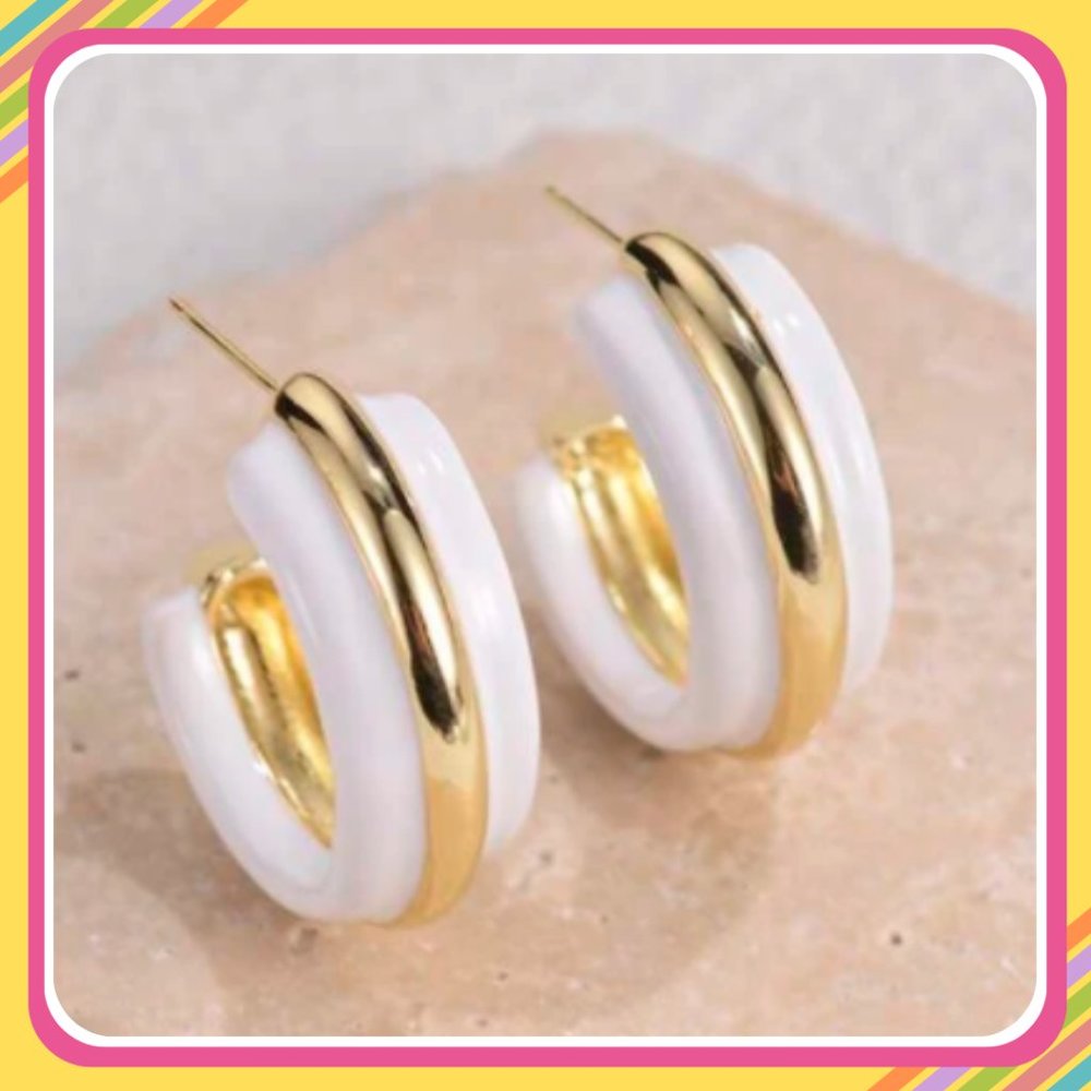 14K Gold and White Hoop Earrings